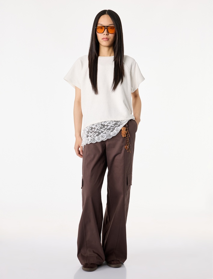  Kısa Kollu Bisiklet Yaka Pamuklu Simli Dantelli Tişört