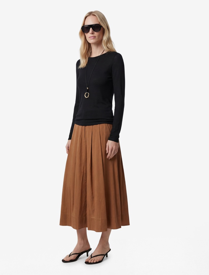  Modal Kumaş Cepli Pileli Çizgili Midi Kloş Etek