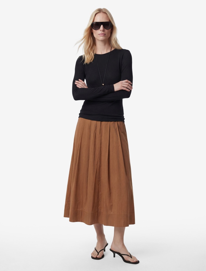  Modal Kumaş Cepli Pileli Çizgili Midi Kloş Etek