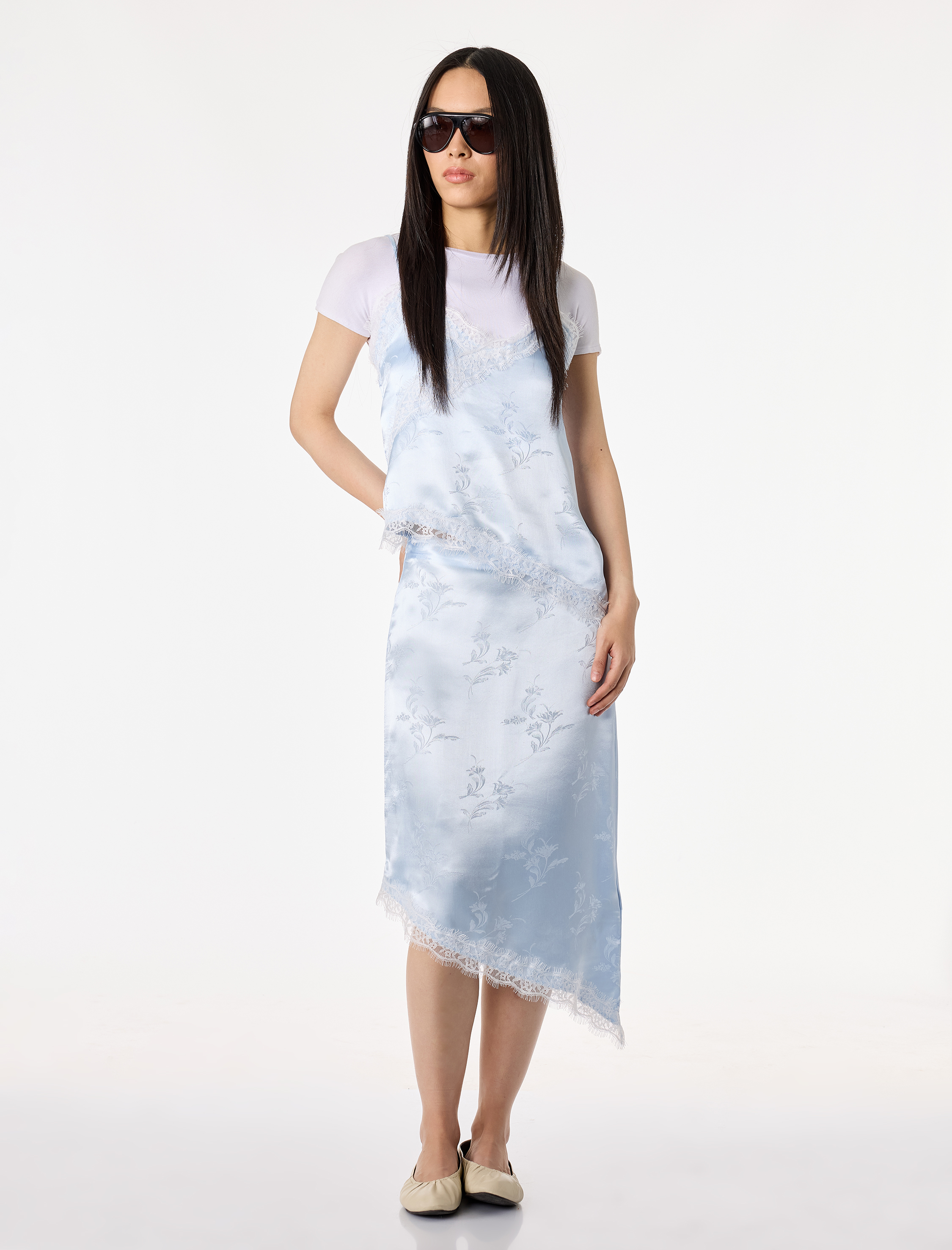   Asimetrik Dantel Detaylı Viskon Saten Midi Etek