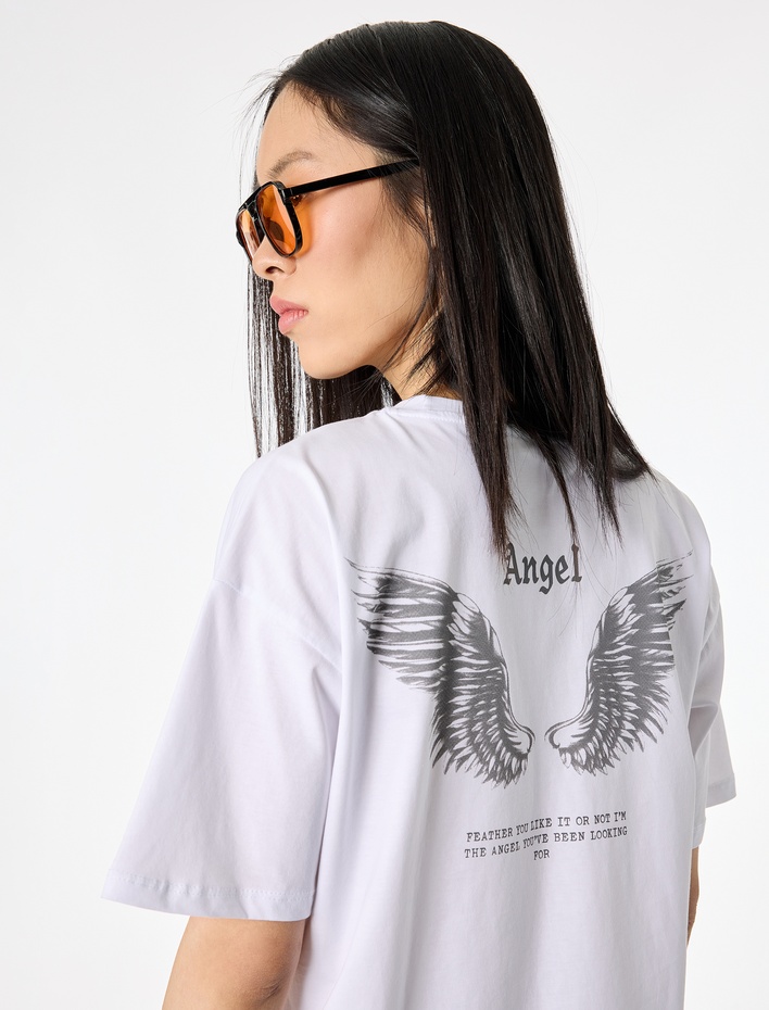  Melek Baskılı Rahat Kalıp Kısa Kollu Pamuklu Tişört