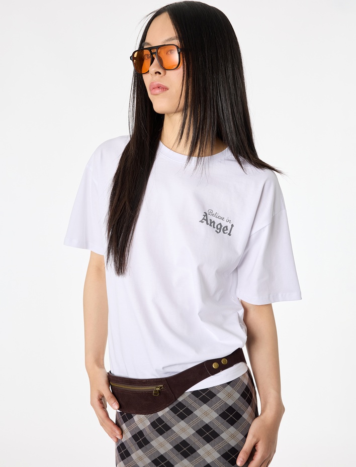  Melek Baskılı Rahat Kalıp Kısa Kollu Pamuklu Tişört