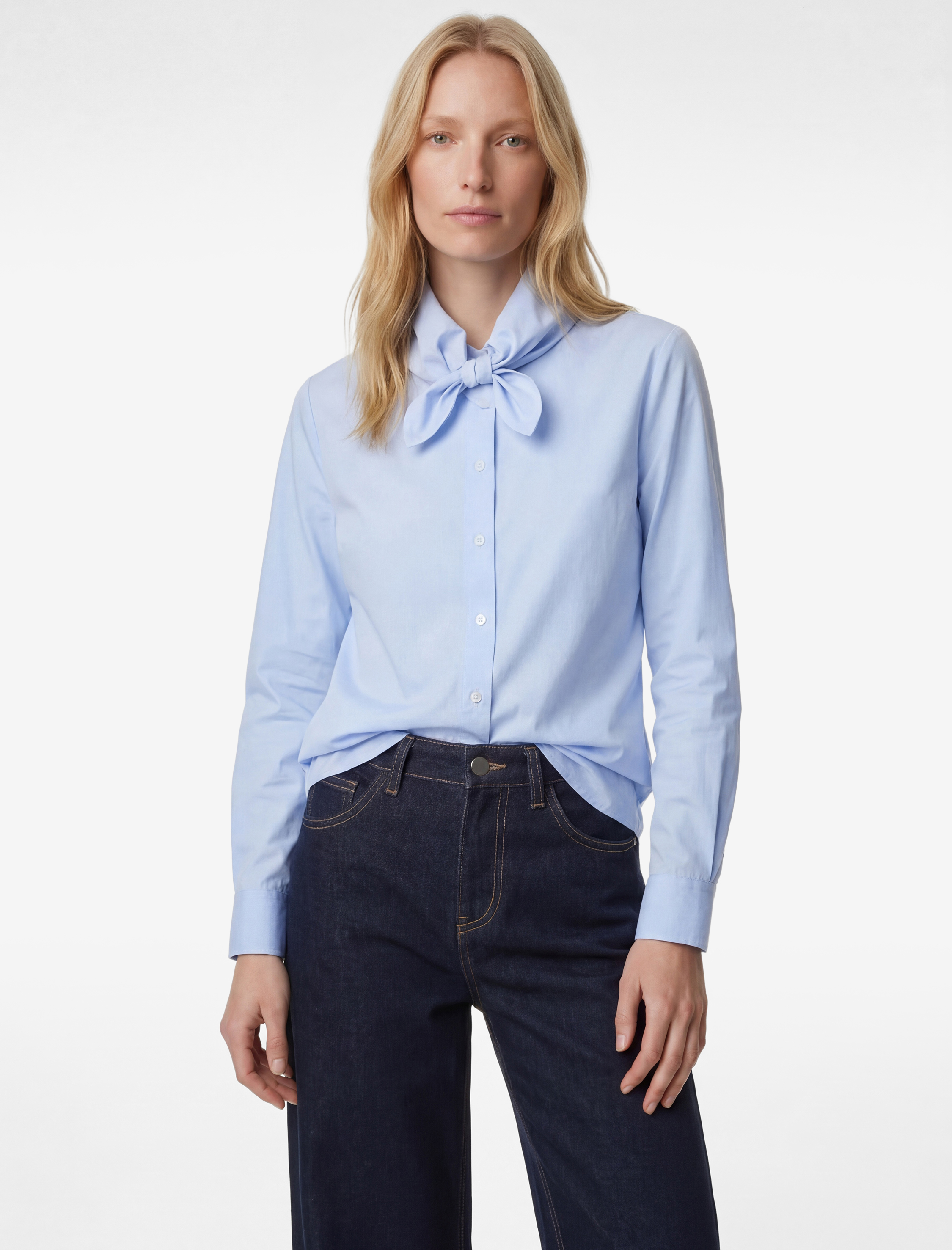   Fiyonk Detaylı Düğmeli Uzun Kollu Fular Yaka Poplin Oversize Gömlek