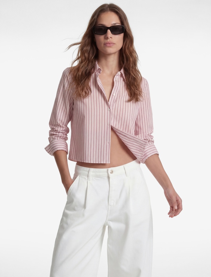  Uzun Kollu Çizgili Oversize Poplin Crop Gömlek