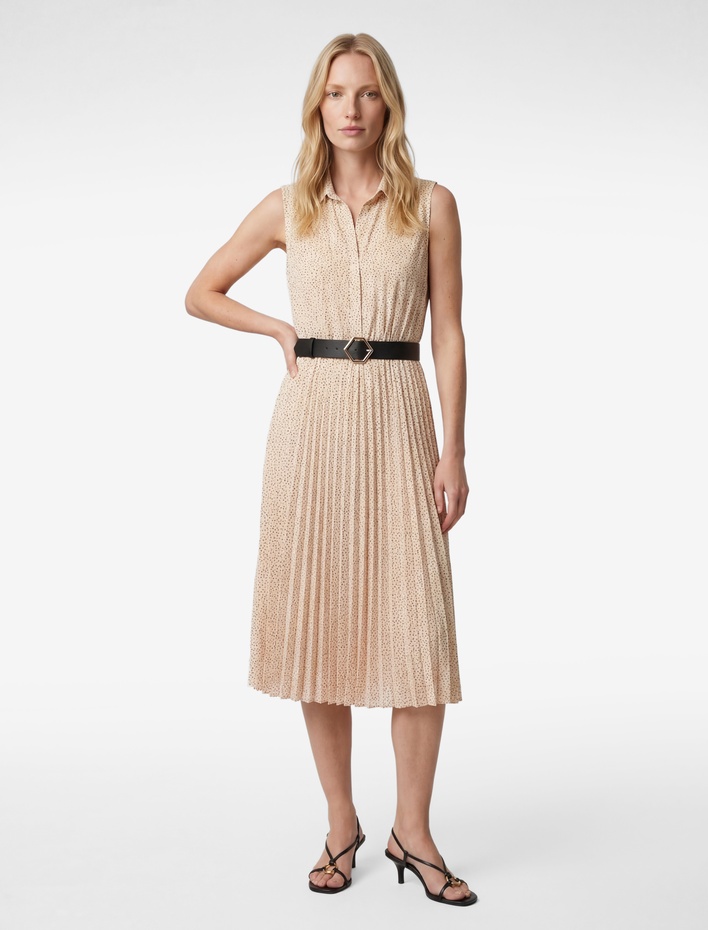  Şifon Kolsuz Kemerli Midi Puantiyeli Pileli Gömlek Elbise