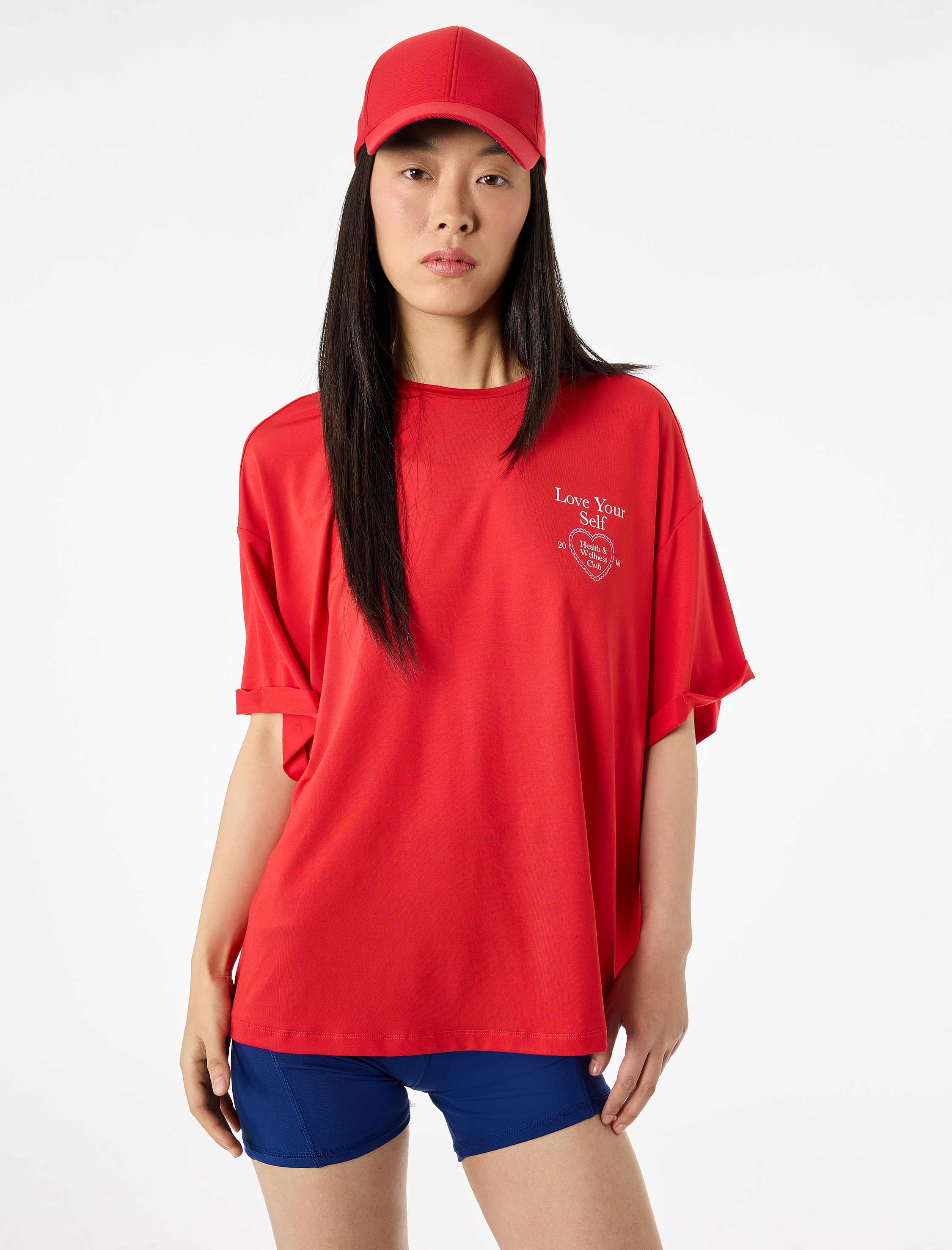   Yarım Kollu Bisiklet Yaka Baskılı Oversize Spor Tişört