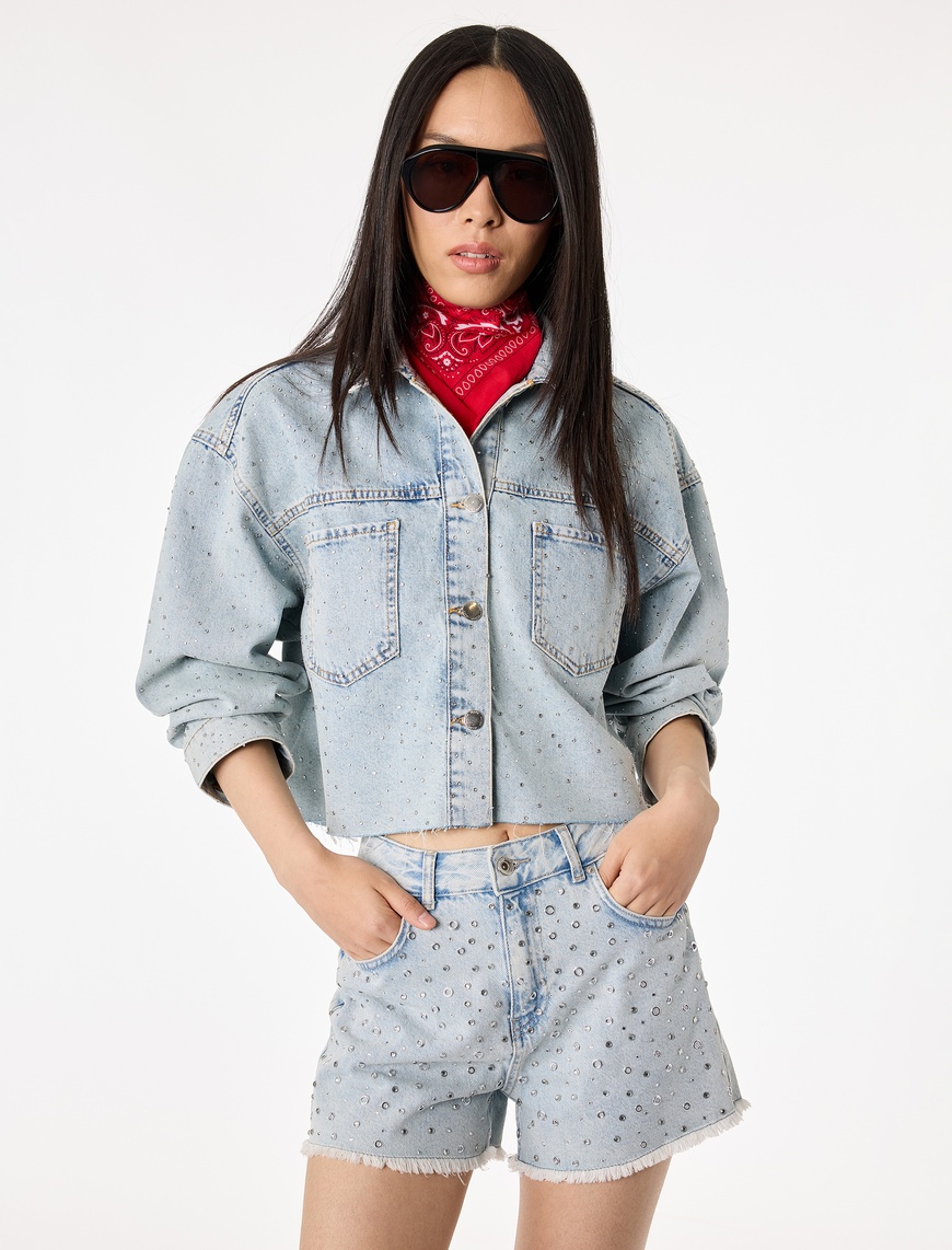 Koton Kadın Rahat Kalıp Uzun Kollu Klasik Yaka Cep Detaylı Denim Ceket