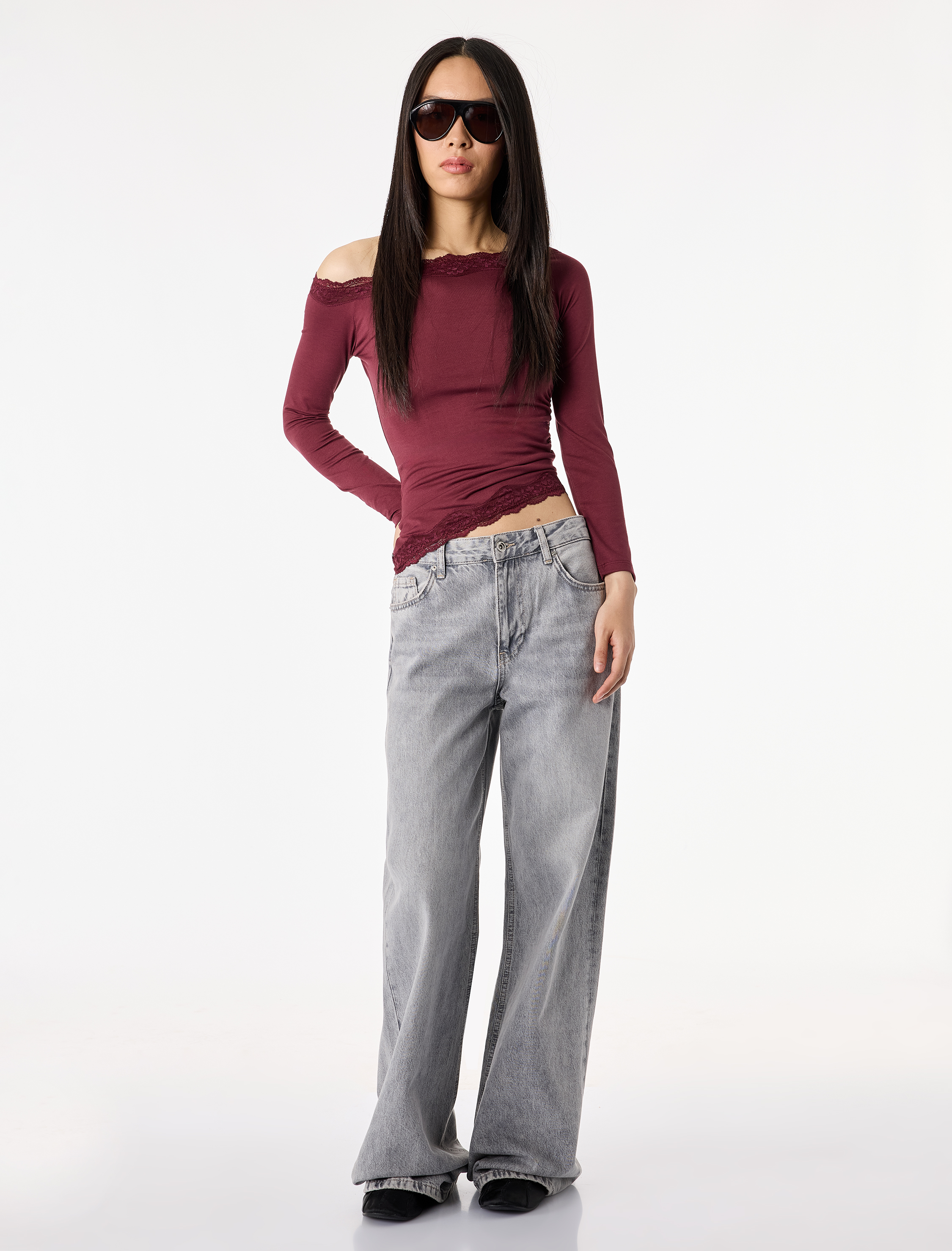   Asimetrik Yaka Uzun Kollu Slim Fit Bluz