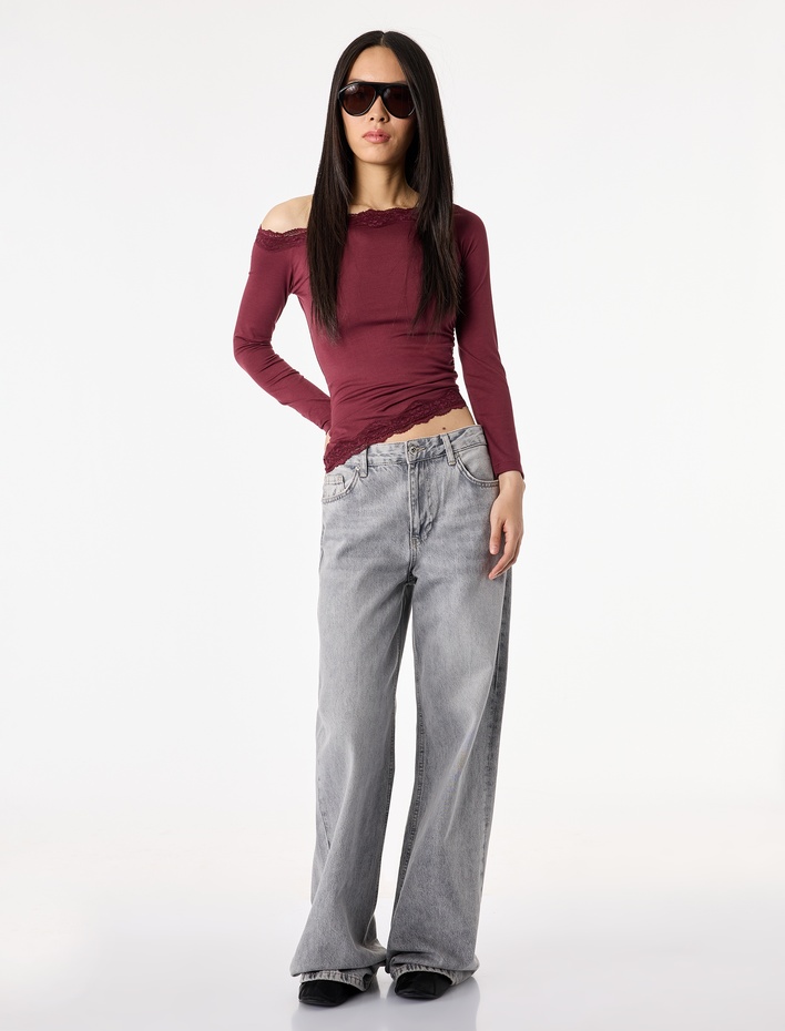  Asimetrik Yaka Uzun Kollu Slim Fit Bluz