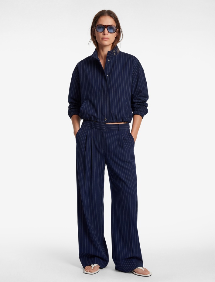  Cepli Pile Detaylı Geniş Paça Çizgili Pantolon