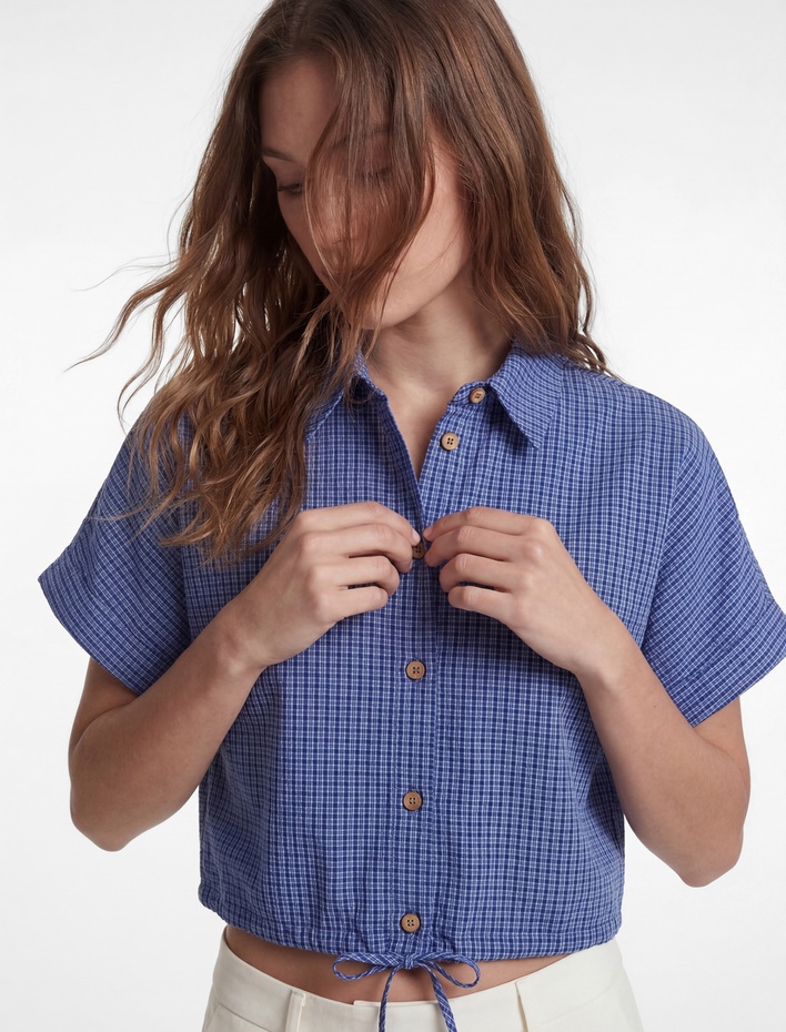  Pamuklu Düğmeli Beli Bağlama Detaylı Kısa Kollu Oversize Kareli Crop Gömlek