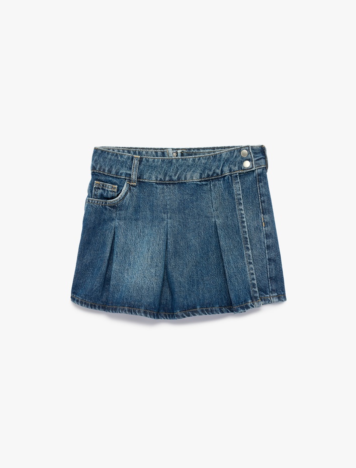 Kız Çocuk Pileli Pamuklu Cep Detaylı Denim Şort Etek