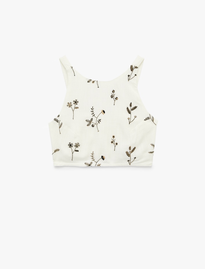  Slim Fit Floral Nakış Detaylı Brodeli Halter Yaka Crop Büstiyer