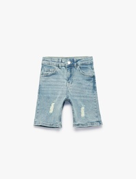 Yıpratılmış Detaylı Düğmeli Pamuklu Denim Şort