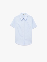 Slim Fit Klasik Yaka Kısa Kollu Çizgili Poplin Gömlek