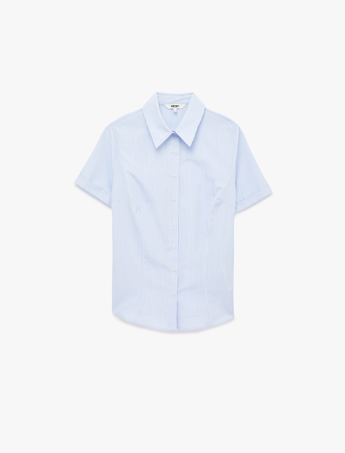  Slim Fit Klasik Yaka Kısa Kollu Çizgili Poplin Gömlek