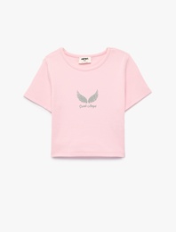 Pamuklu Baskılı Kısa Kollu Bisiklet Yaka Crop Tişört