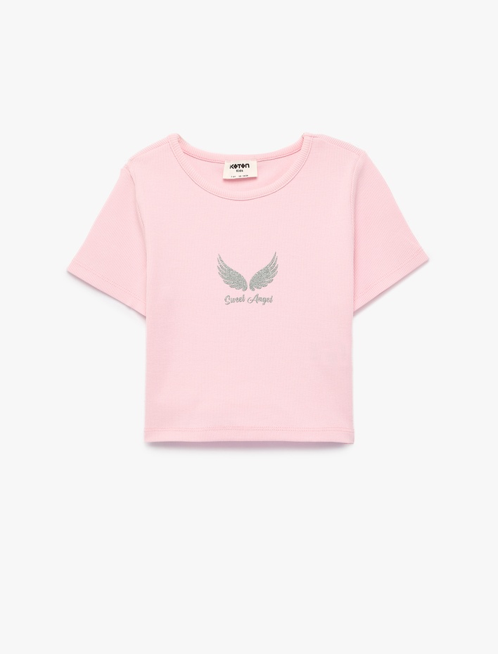 Kız Çocuk Pamuklu Baskılı Kısa Kollu Bisiklet Yaka Crop Tişört