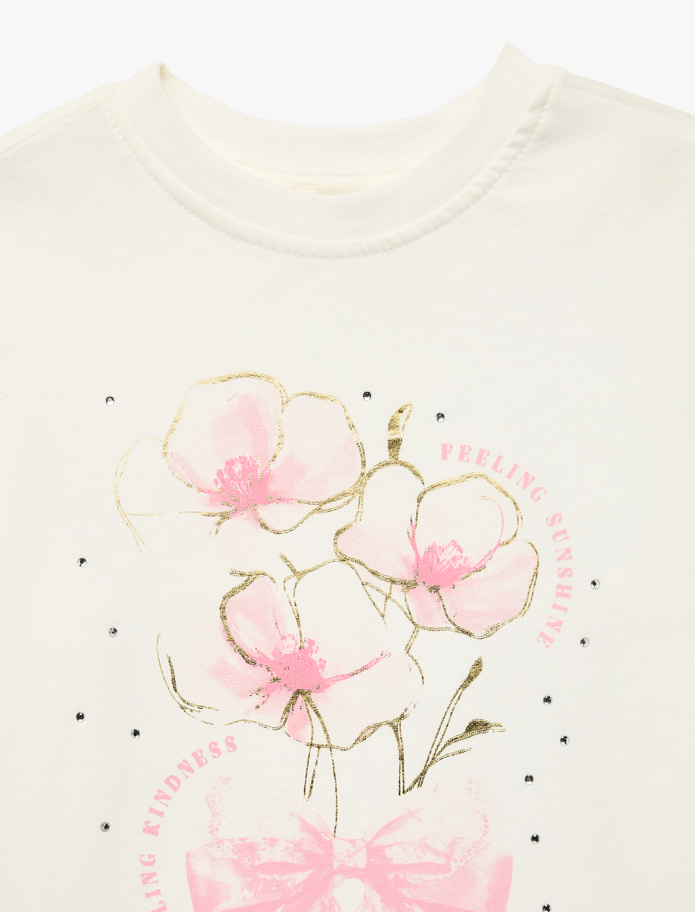  Kız Çocuk Fiyonk Baskılı Taş Detaylı Kısa Kollu Bisiklet Yaka Pamuklu Tişört