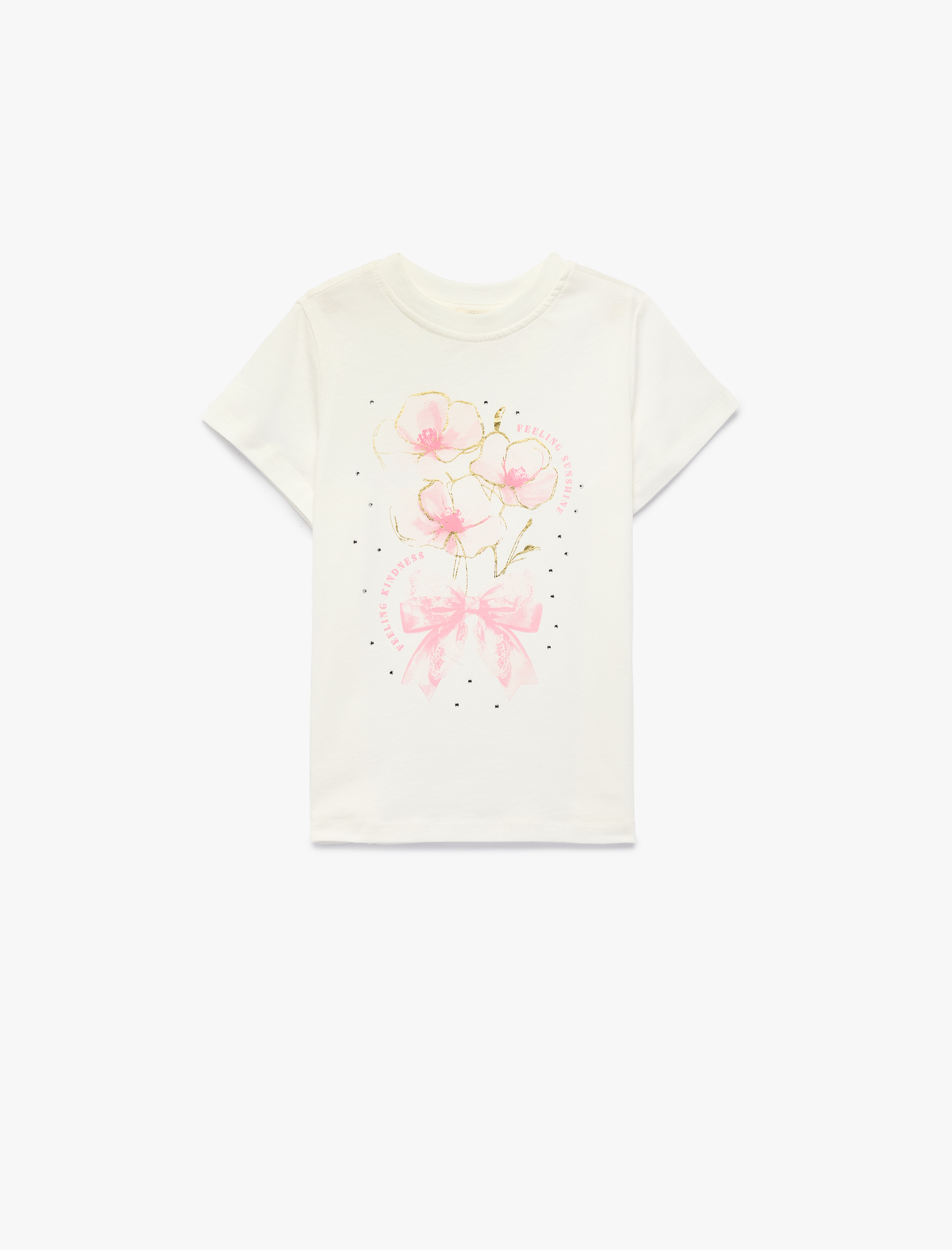  Kız Çocuk Fiyonk Baskılı Taş Detaylı Kısa Kollu Bisiklet Yaka Pamuklu Tişört