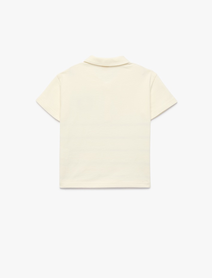 Erkek Bebek Ayıcık Detaylı Düğmeli Çizgili Kısa Kollu Pamuklu Oversize Polo Yaka Tişört