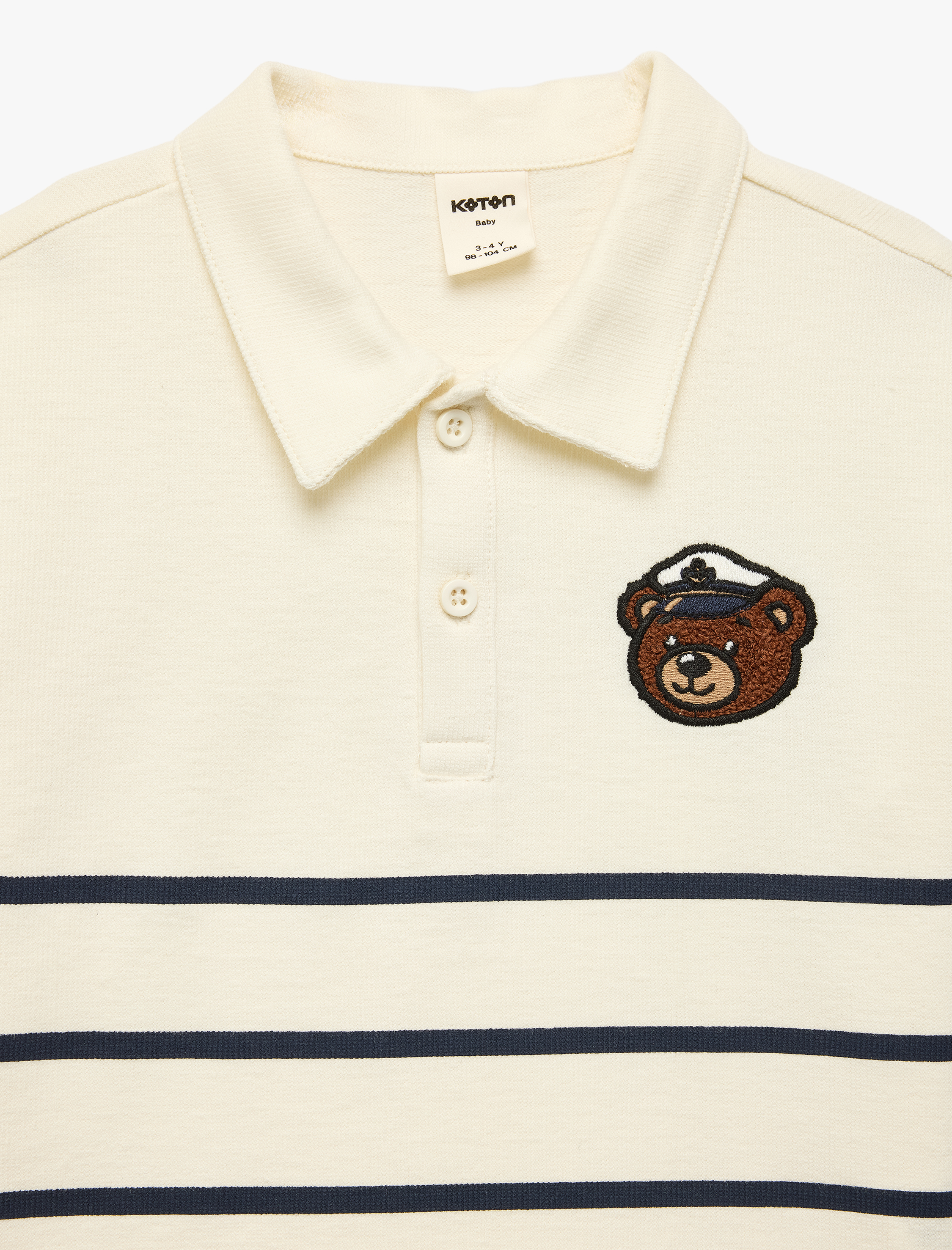  Erkek Bebek Ayıcık Detaylı Düğmeli Çizgili Kısa Kollu Pamuklu Oversize Polo Yaka Tişört