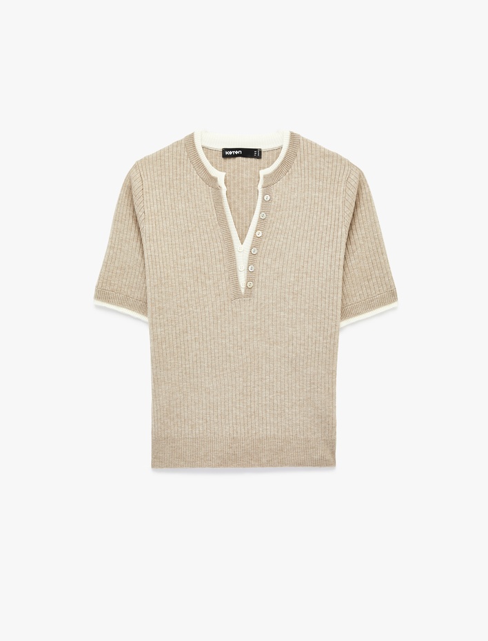  Düğmeli Bisiklet Çift Yaka Kısa Kollu Viskon Triko Kazak