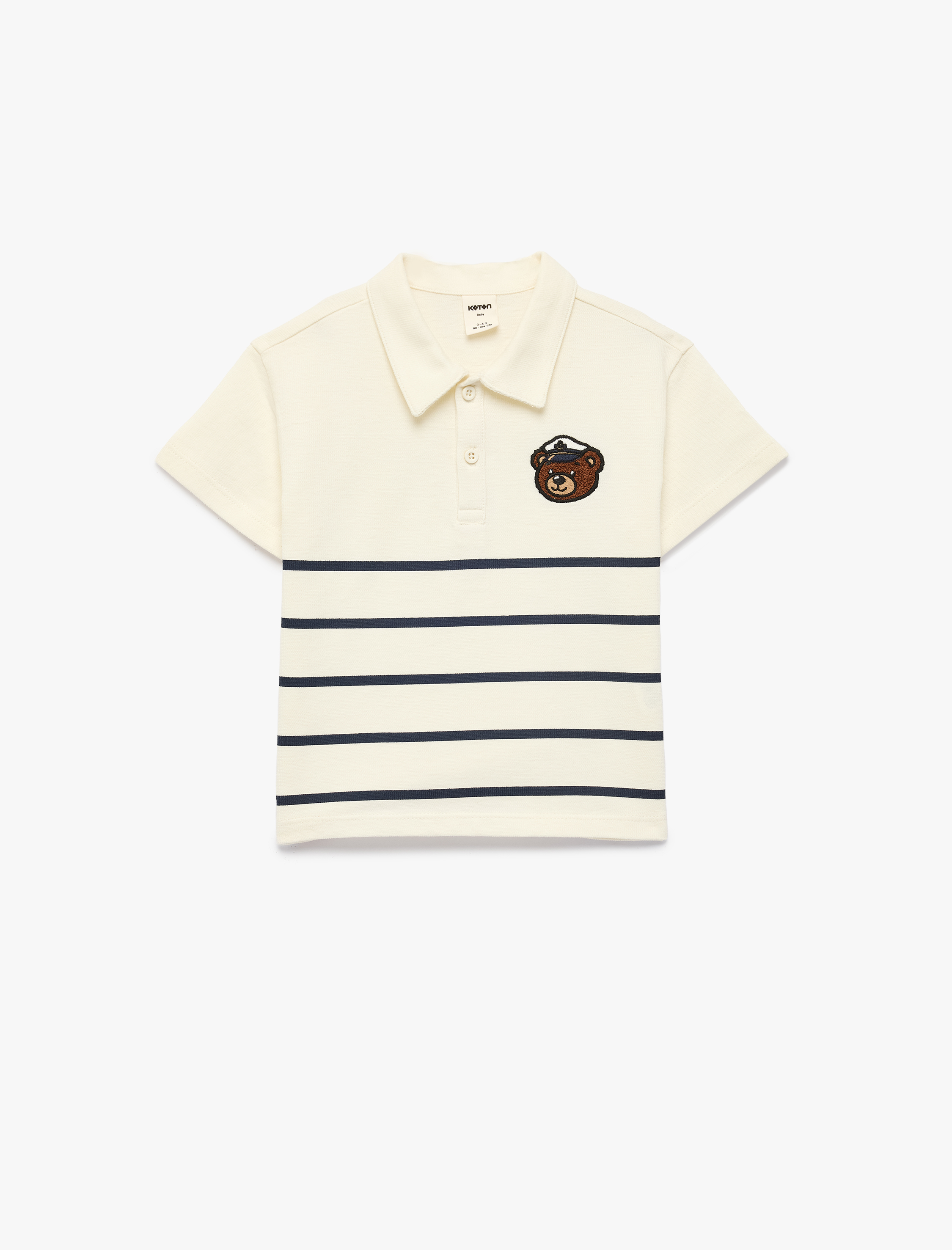  Erkek Bebek Ayıcık Detaylı Düğmeli Çizgili Kısa Kollu Pamuklu Oversize Polo Yaka Tişört