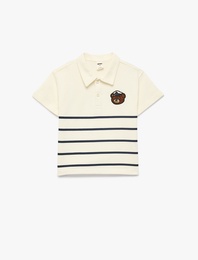 Ayıcık Detaylı Düğmeli Çizgili Kısa Kollu Pamuklu Oversize Polo Yaka Tişört