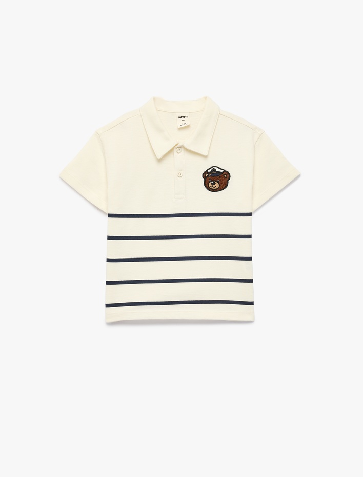 Erkek Bebek Ayıcık Detaylı Düğmeli Çizgili Kısa Kollu Pamuklu Oversize Polo Yaka Tişört