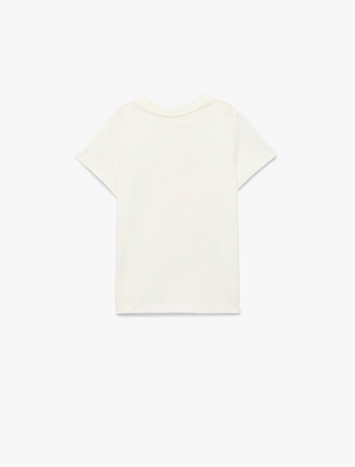 Kız Çocuk Fiyonk Baskılı Taş Detaylı Kısa Kollu Bisiklet Yaka Pamuklu Tişört