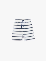 Pamuklu Beli Bağcıklı Çizgili Havlu Şort