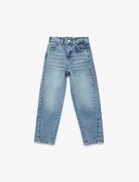 Beli Lastikli Düğmeli Rahat Kesim Denim Pantolon