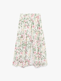 Rahat Kalıp Cepli Çiçekli Pileli Midi Kloş Etek