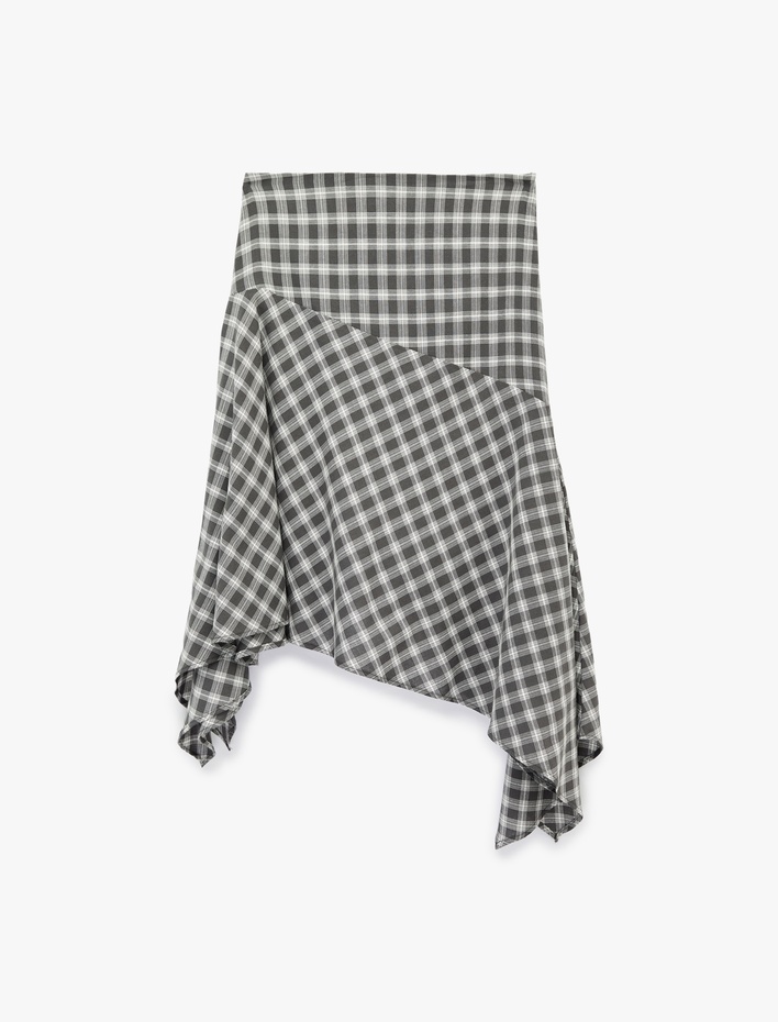  Asimetrik Kesim Pamuklu Ekoseli Midi Etek