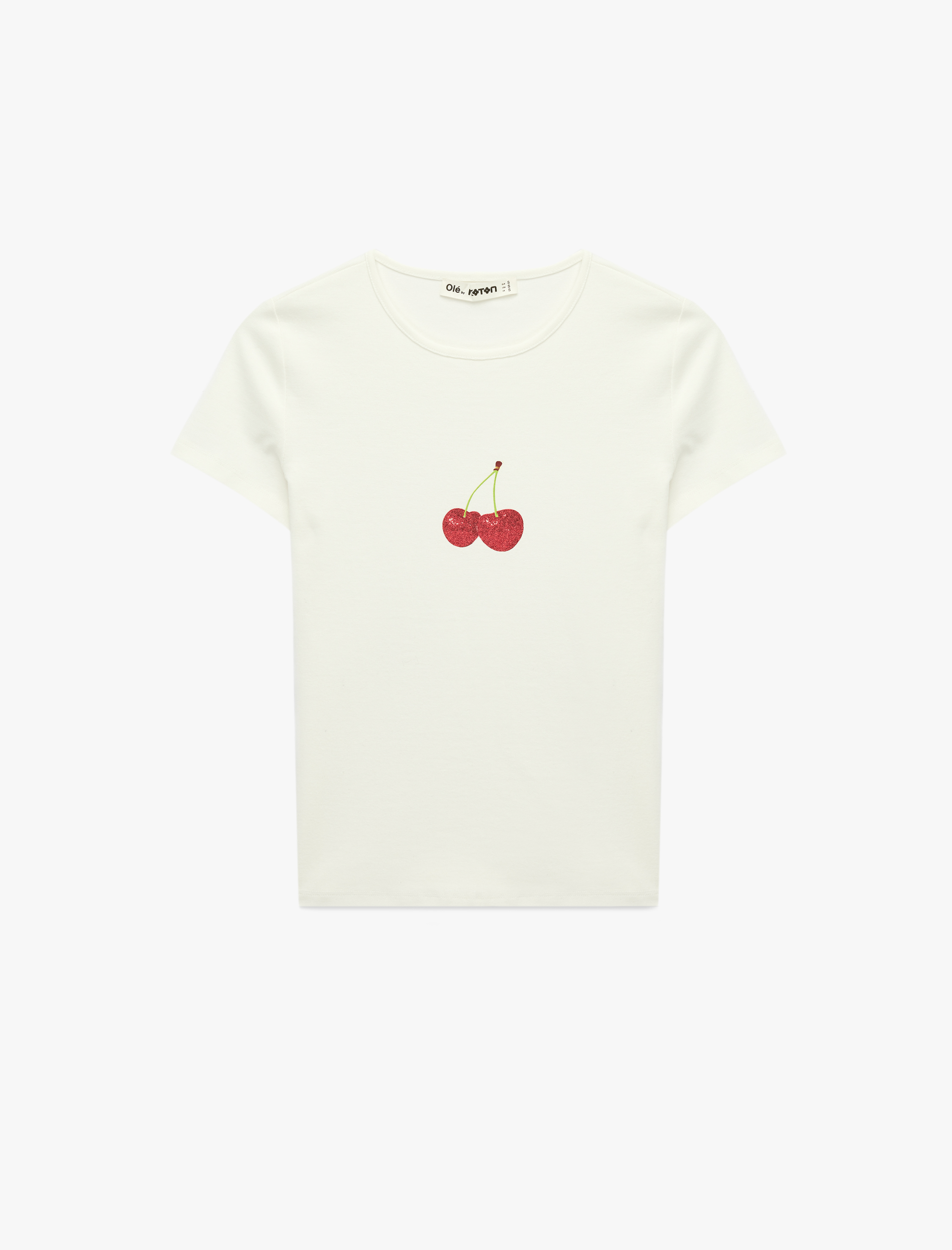   Kiraz Baskılı Kısa Kollu Bisiklet Yaka Pamuklu Pullu Payetli Tişört