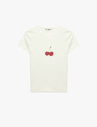 Kiraz Baskılı Kısa Kollu Bisiklet Yaka Pamuklu Pullu Payetli Tişört