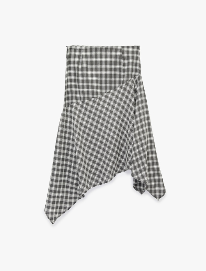  Asimetrik Kesim Pamuklu Ekoseli Midi Etek