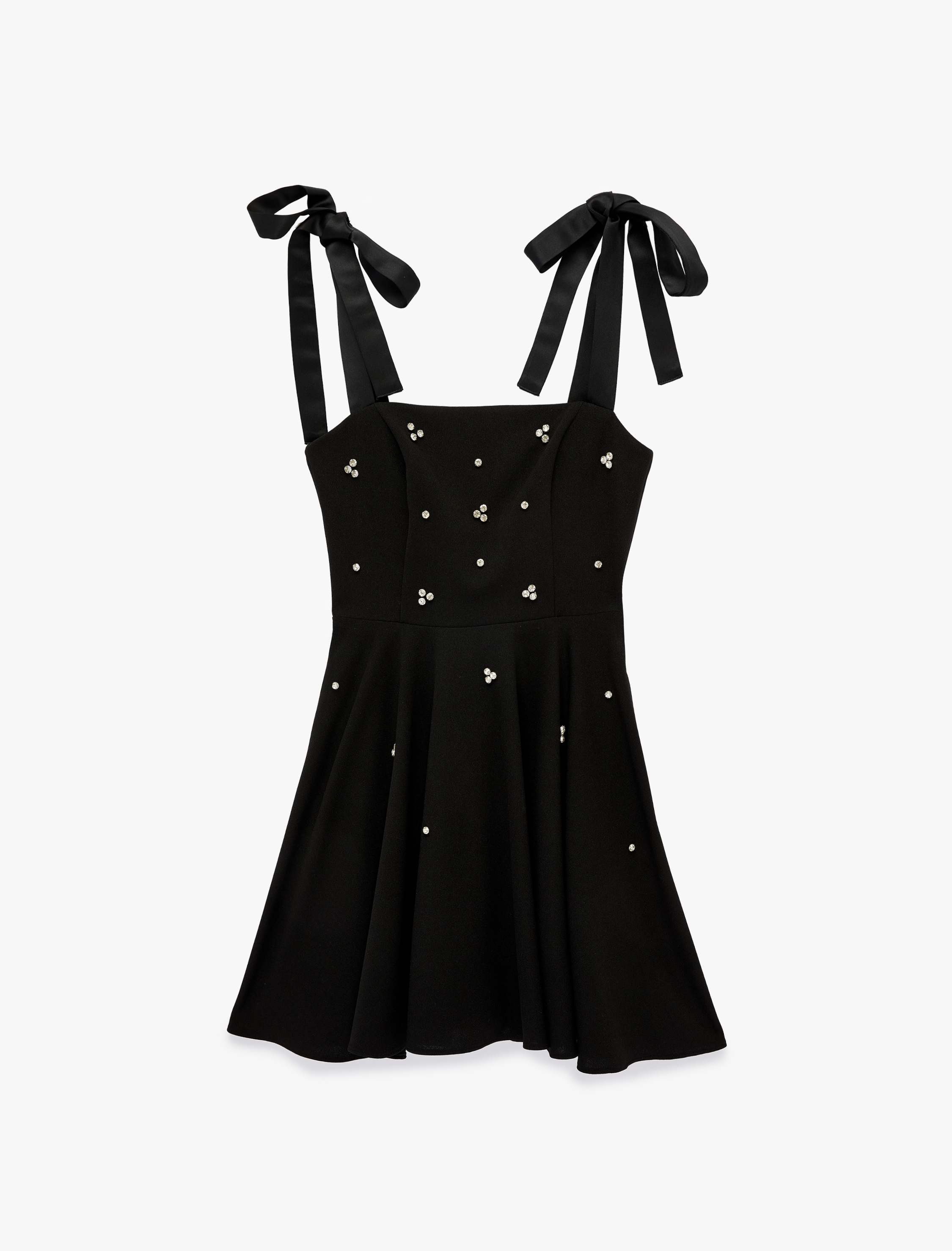   Krep Scuba Kumaş Taş Detaylı Fiyonk Bağlamalı Askılı Mini Kloş Elbise