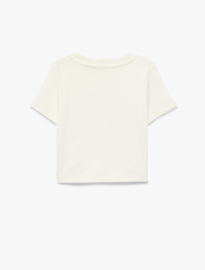 Kız Çocuk Pamuklu Taş Detaylı Kısa Kollu Bisiklet Yaka Fiyonk Baskılı Tişört