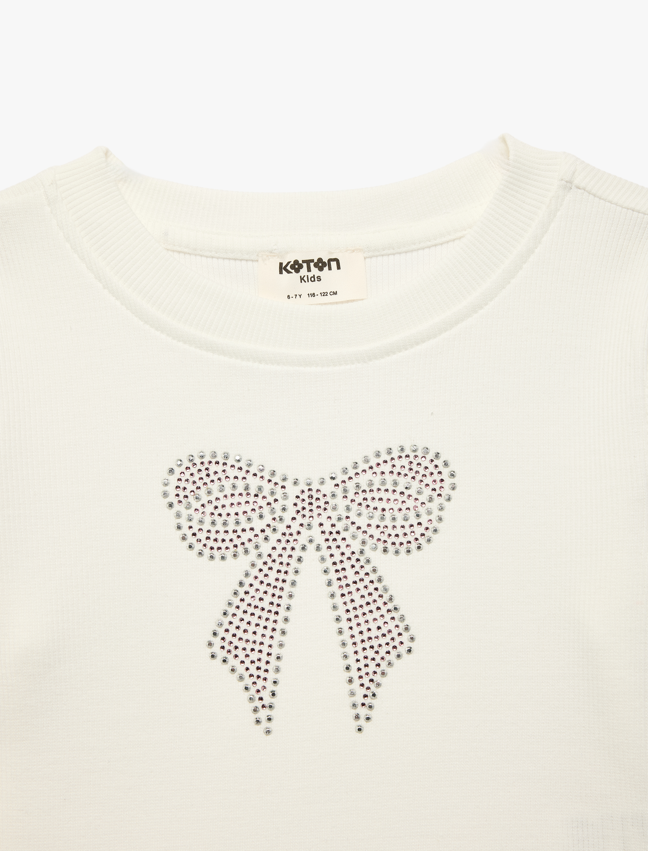  Kız Çocuk Pamuklu Taş Detaylı Kısa Kollu Bisiklet Yaka Fiyonk Baskılı Tişört