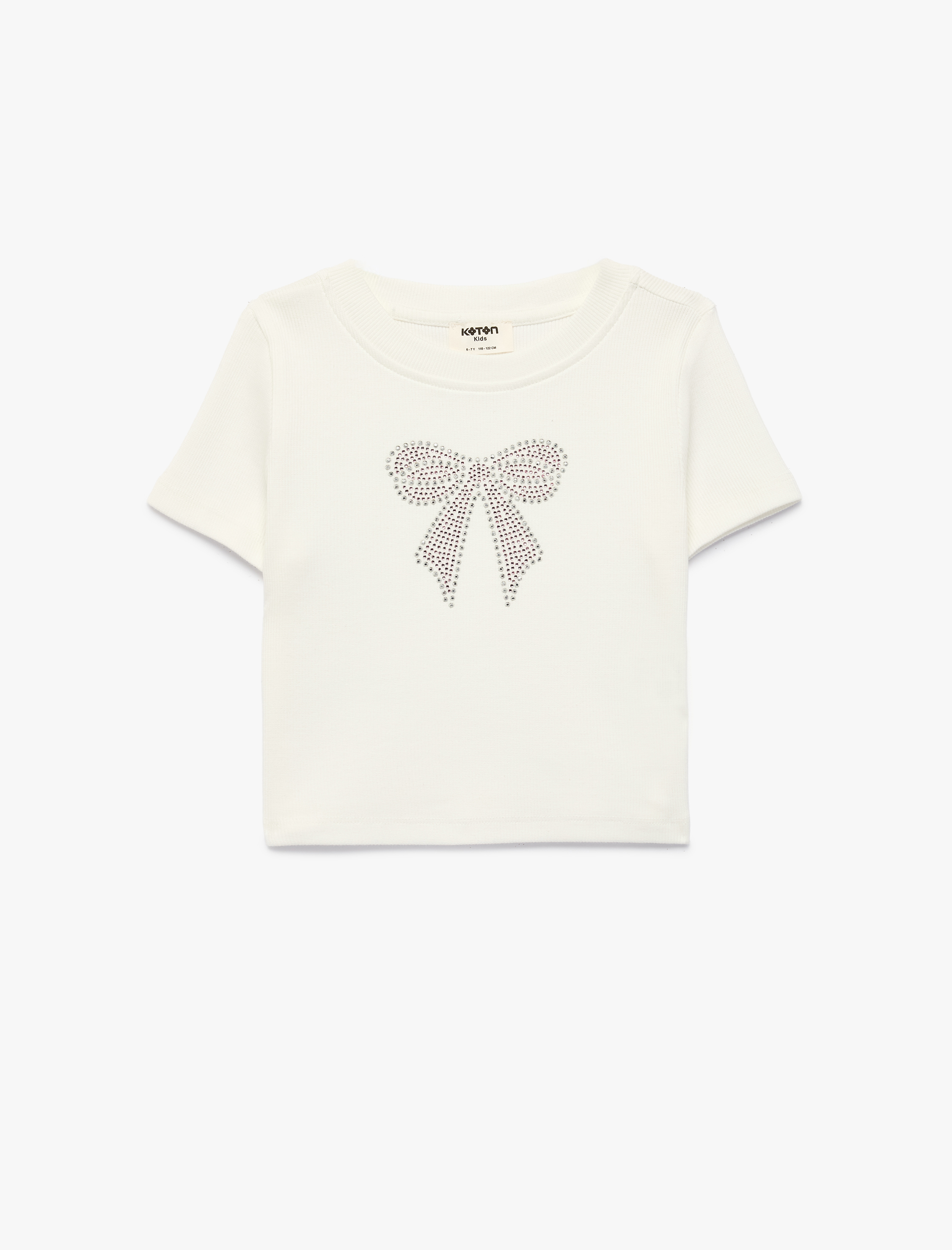  Kız Çocuk Pamuklu Taş Detaylı Kısa Kollu Bisiklet Yaka Fiyonk Baskılı Tişört