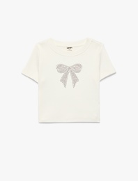 Pamuklu Taş Detaylı Kısa Kollu Bisiklet Yaka Fiyonk Baskılı Tişört