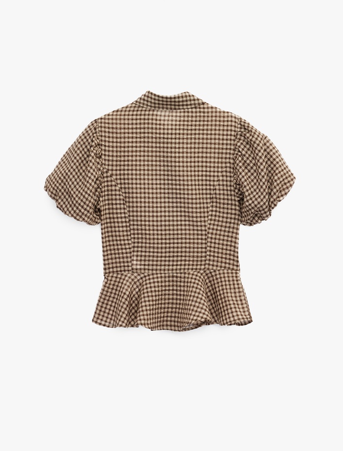  Balon Kollu Pileli Pötikareli Kısa Kollu Gömlek