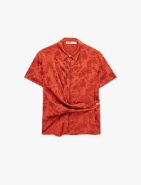 Viskon Kumaş Floral Dokulu Aksesuarlı Kısa Kollu Gömlek