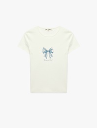 Kısa Kollu Bisiklet Yaka Pamuklu Slim Fit Fiyonk Baskılı Tişört