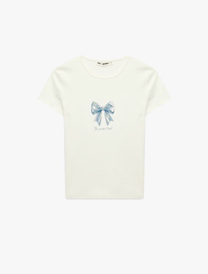  Kısa Kollu Bisiklet Yaka Pamuklu Slim Fit Fiyonk Baskılı Tişört