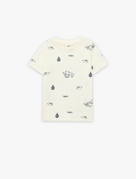 Pamuklu Kısa Kollu Bisiklet Yaka Baskılı Tişört