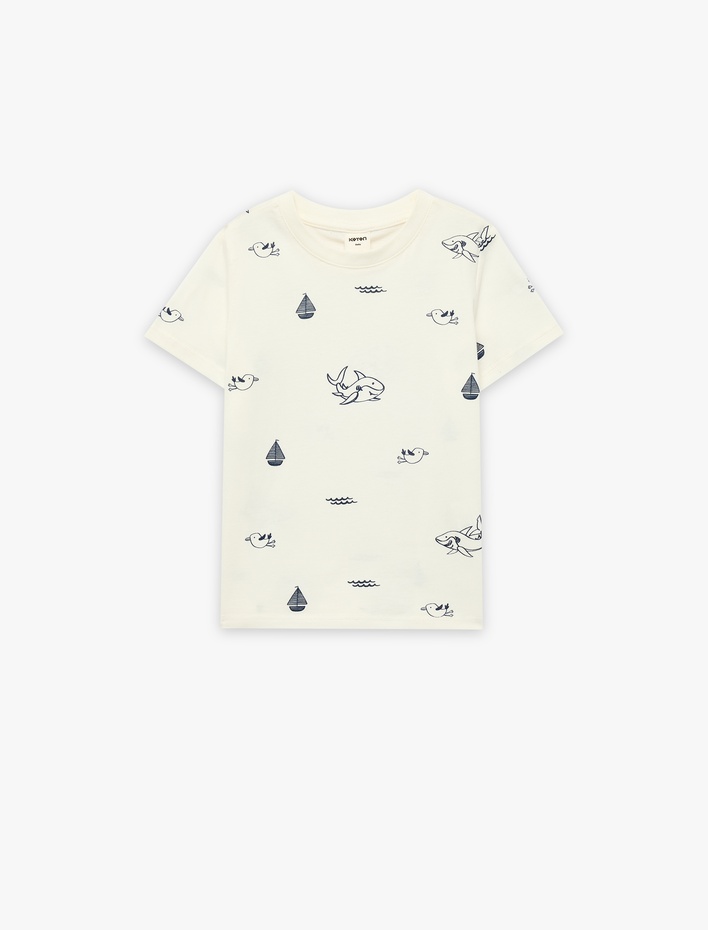 Erkek Bebek Pamuklu Kısa Kollu Bisiklet Yaka Baskılı Tişört