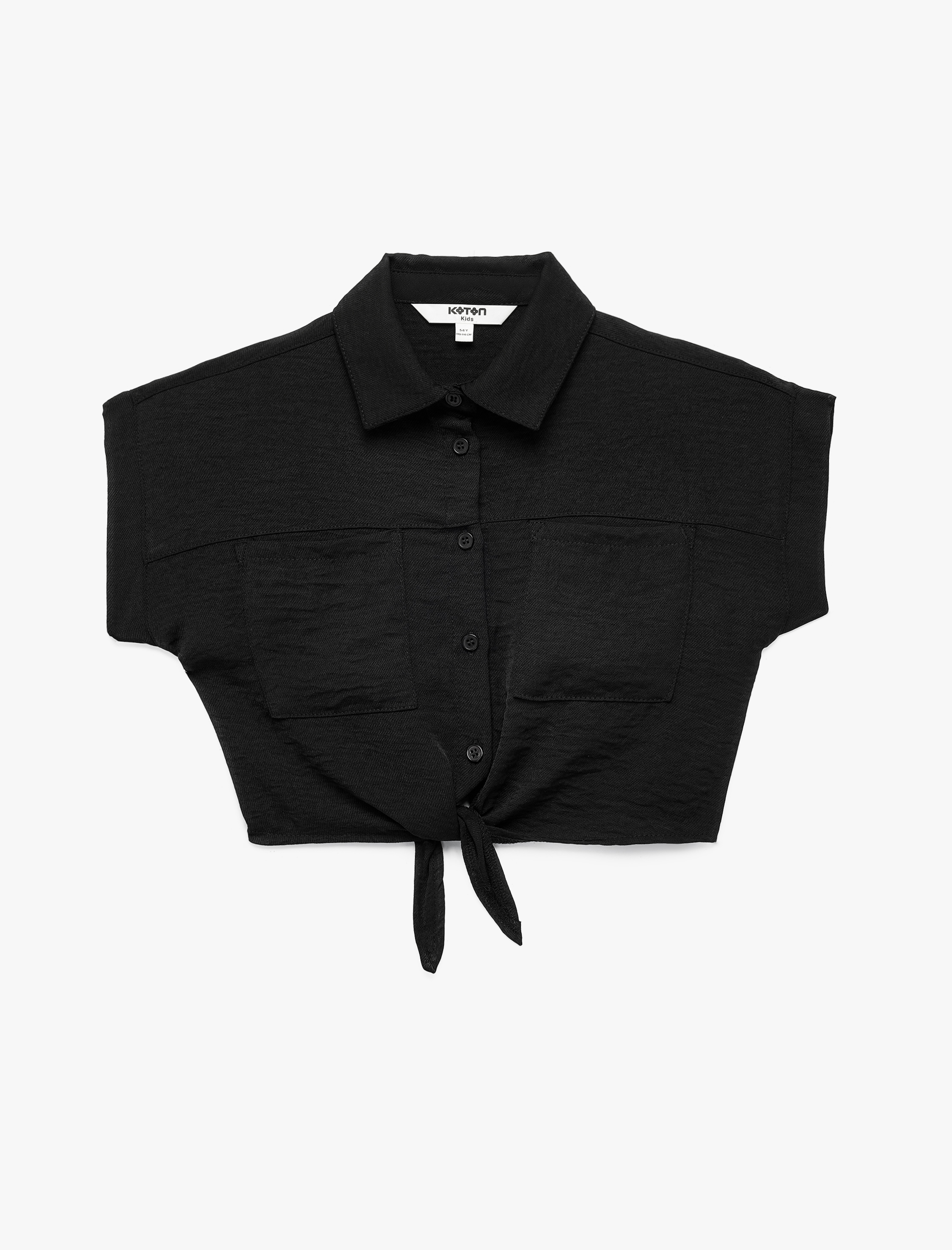  Kız Çocuk Bağlama Detaylı Düğmeli Kısa Kollu Crop Gömlek